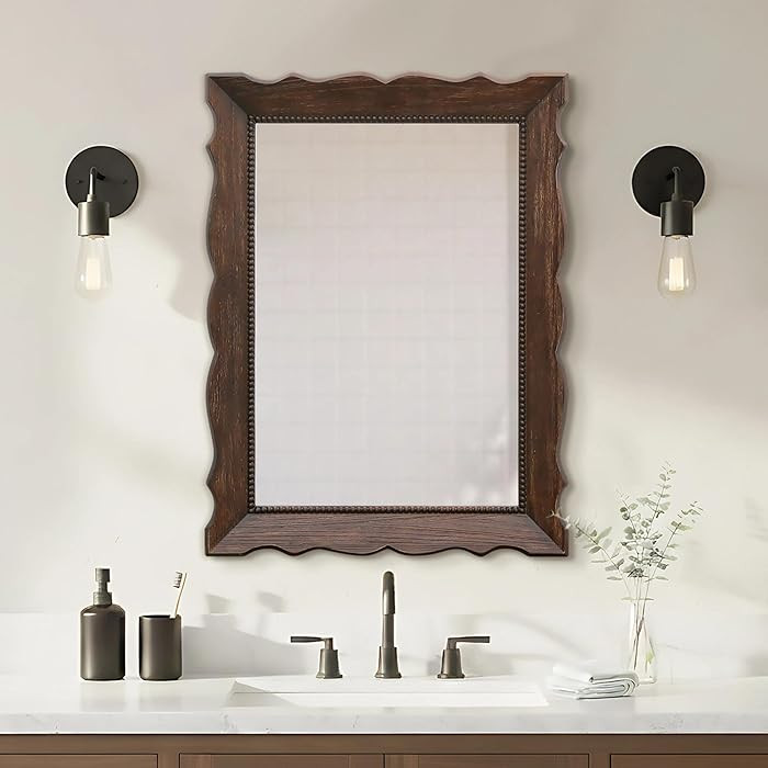 Besdomus Rustic Wooden Framed Mirror: 32" x 24" Dark Brown Wood Bathroom Mirrors for Wall - Verti... | Amazon (US)