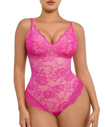 FeelinGirl Shapewear Tummy Control Lingerie Body Shaper V-neck Jumpsuit Tank Top Body Suits for Women Bodysuit Pink XL | Amazon (US)