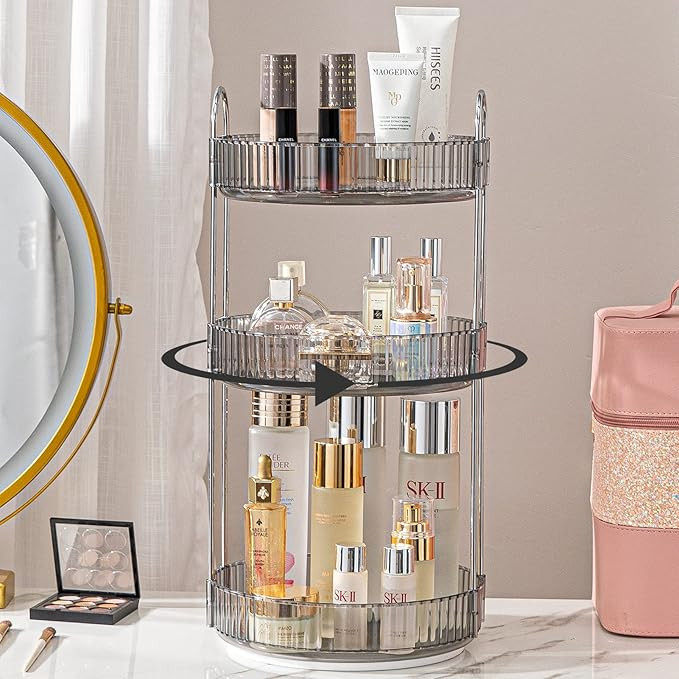 Rotating Makeup Organizer for Vanity 3 Tier, High-Capacity Skincare Clear Make Up Storage Perfume... | Amazon (US)