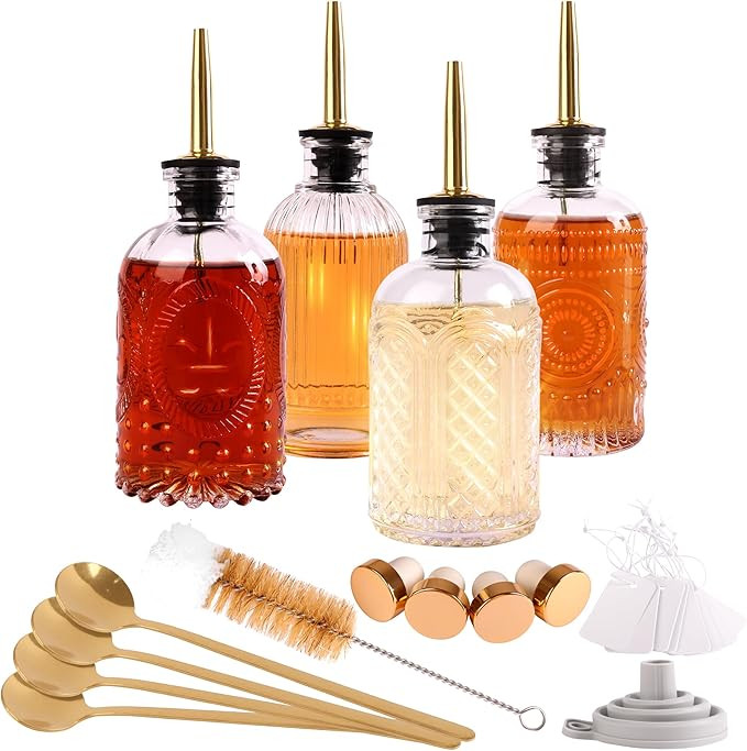 Glass Syrup Dispenser Set - 4 Pack 7oz Bottles with Metal Pour Spouts, Stoppers, Spoons for Coffe... | Amazon (US)