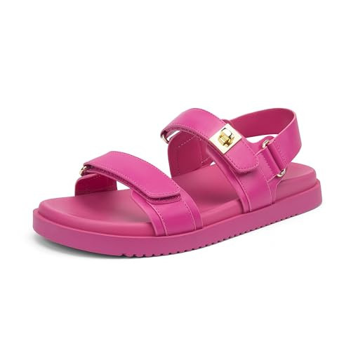 NIEARDAN Women's Flat Sandals Adjustable Double Strap Slide Sandals Open Toe Slip on Shoes Resistant Leather Footbed Comfort Sandals Dressy for Summer Beach Vacation,Size 9.5，Hot pink | Amazon (US)