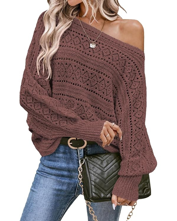 EVALESS Womens Crochet Boat Neck Long Batwing Sleeve Loose Sweaters | Oversized Sweaters for Wome... | Amazon (US)