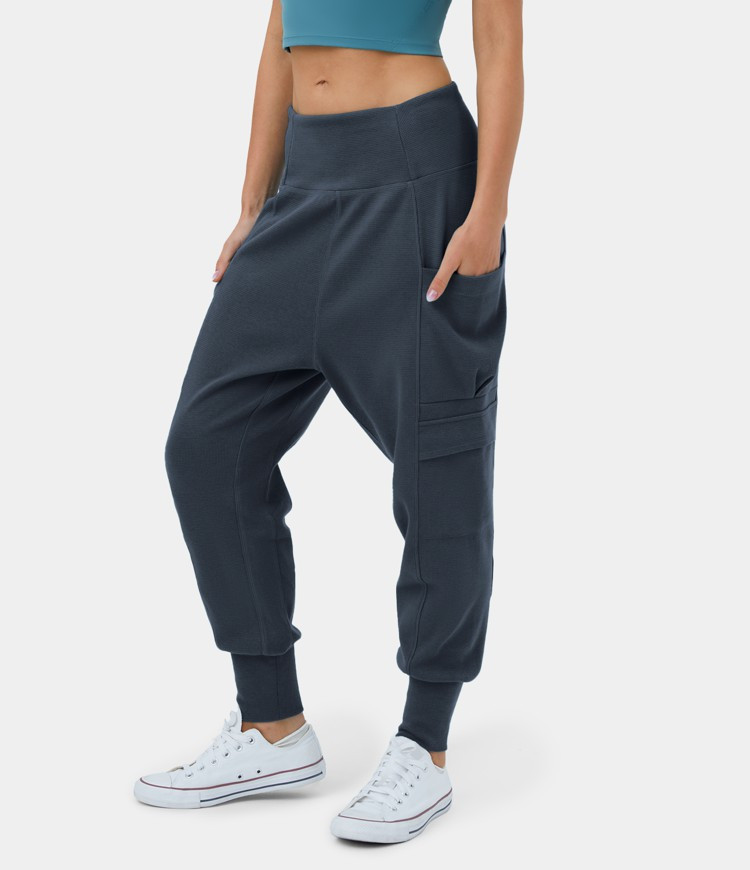 Mid Rise Foldover Side Pocket Waffle Harem Dance Cargo Joggers | HALARA