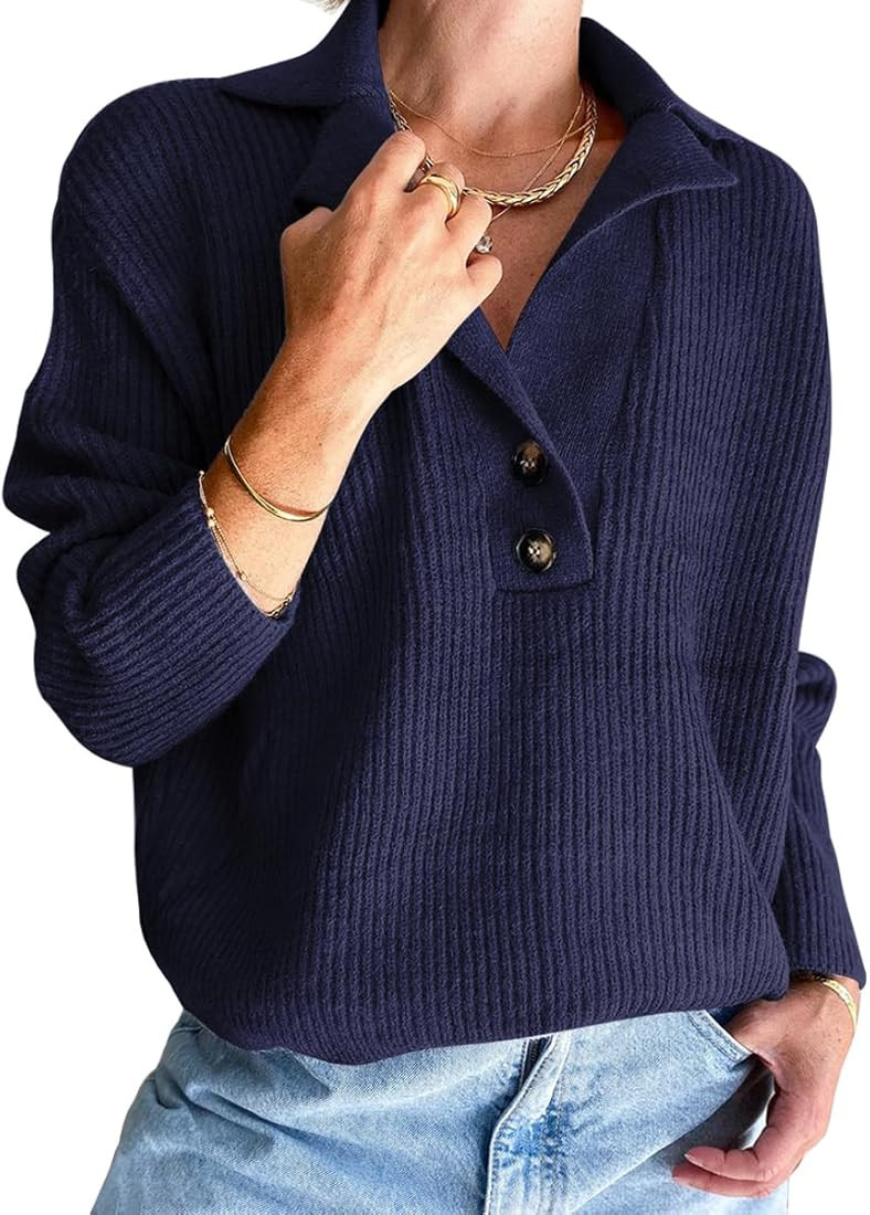 LILLUSORY Women's Snap-Buttons Foldover Collar Henley Knitted Pullover Sweater Tops | Amazon (US)