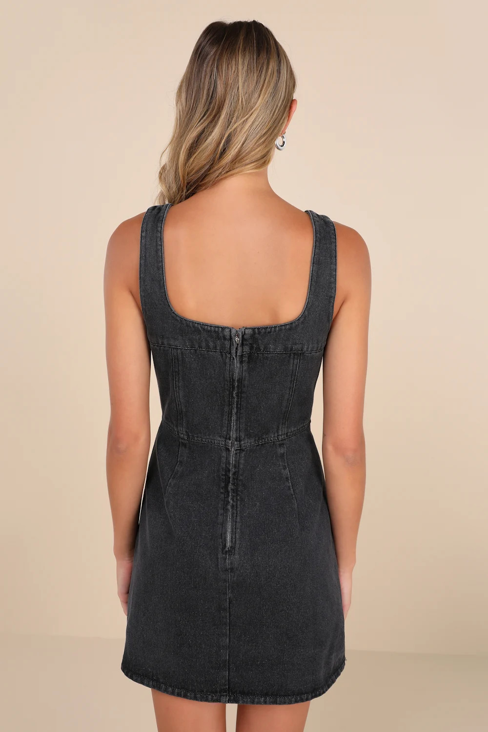 So Delighted Washed Black Denim Corset Seam Mini Dress | Lulus