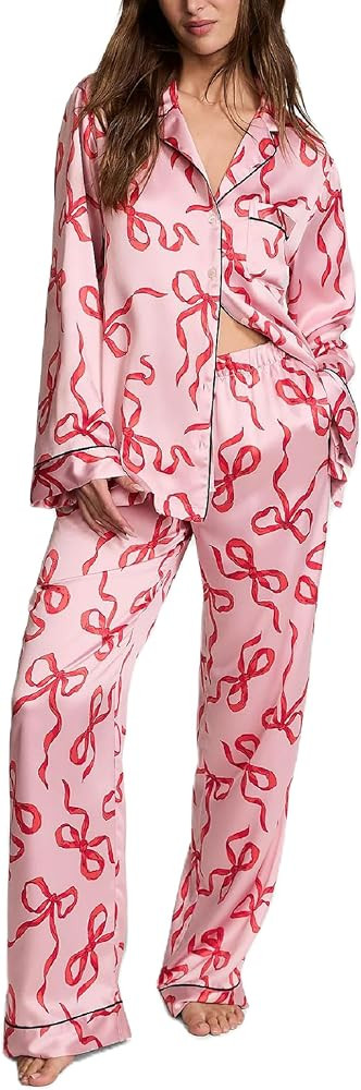 ROAONOCOMO Women Bow 2 Piece Pajama Set Long Sleeve Button Shirt Pants Cute Print Holiday Pj Silk... | Amazon (US)