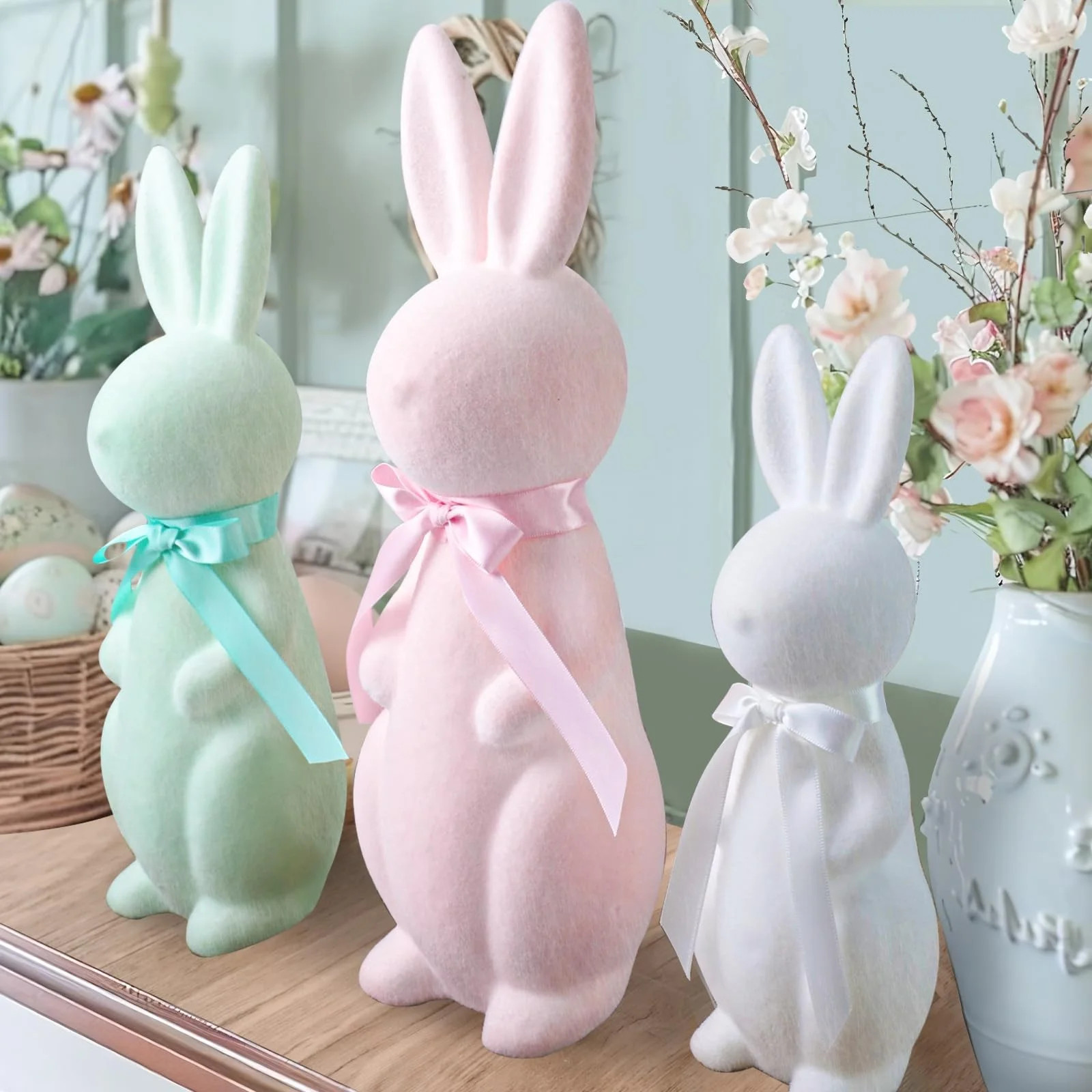 Easter Bunny - 3 Pack Pastel Flocked Bunny Kit - Spring Table Centerpieces Indoor Decor - Bunnies... | Walmart (US)