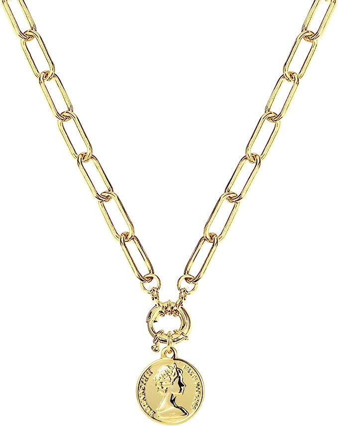 Gold Coin Necklace for Women | 14K Gold Plated Paperclip Link Chain Necklaces | Amazon (US)