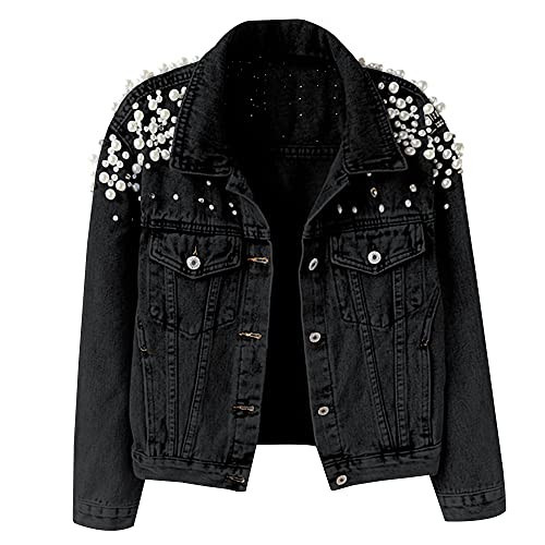 Hixiaohe Women Loose Embroidered Pearls Beading Cropped Denim Jacket Jean Coat (03 Black, S) | Amazon (US)