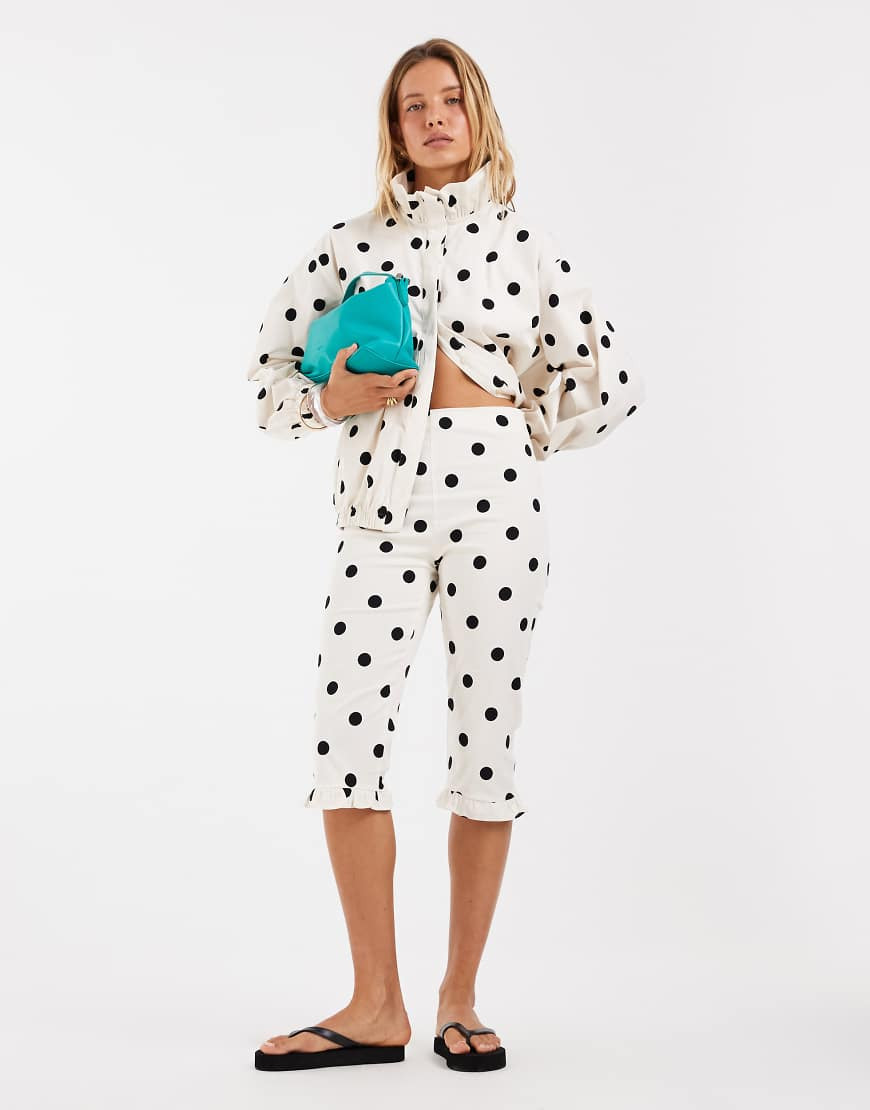 ASOS DESIGN capri pants with frill trim in polka dot print -set-Multi | ASOS (Global)