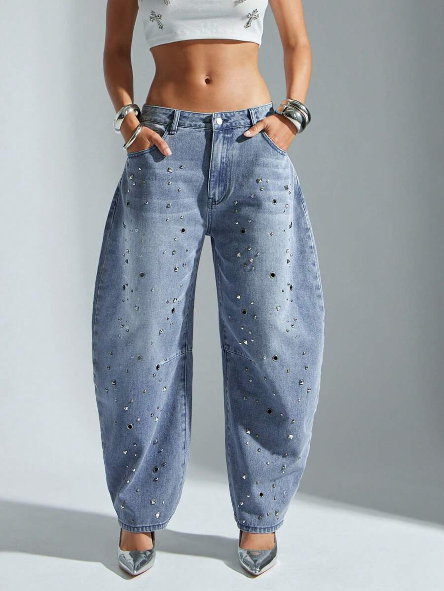 Denimoi Casual Distressed Denim Jeans With Metal Stud Decor, Curved Blade Leg | SHEIN