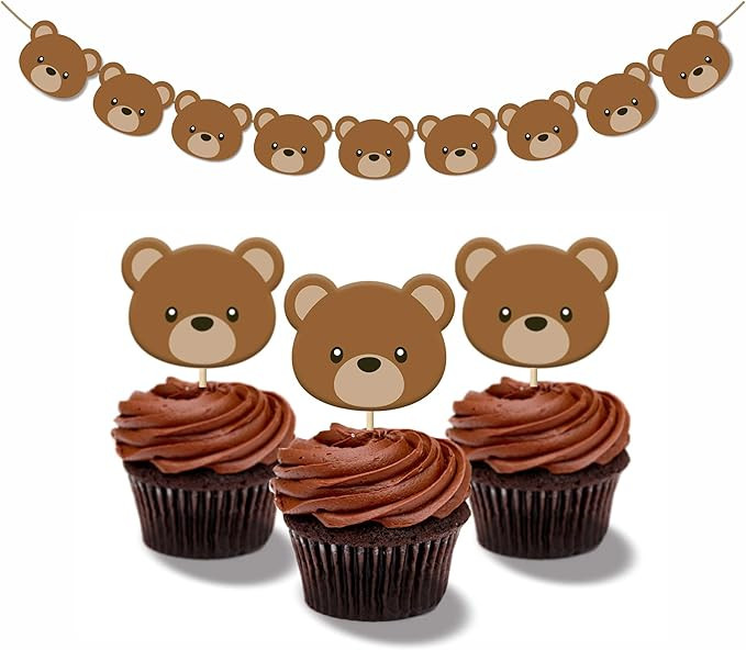 Teddy Bear Cupcake Toppers 24Pcs+Teddy Bear Banner, Bearly one party, Bear Garland Banner,Baby Sh... | Amazon (US)