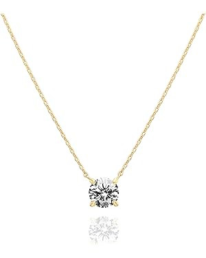 PAVOI 14K Gold Plated Crystal Solitaire 1.5 Carat (7.3mm) Cubic Zirconia Dainty Choker Necklace |... | Amazon (US)