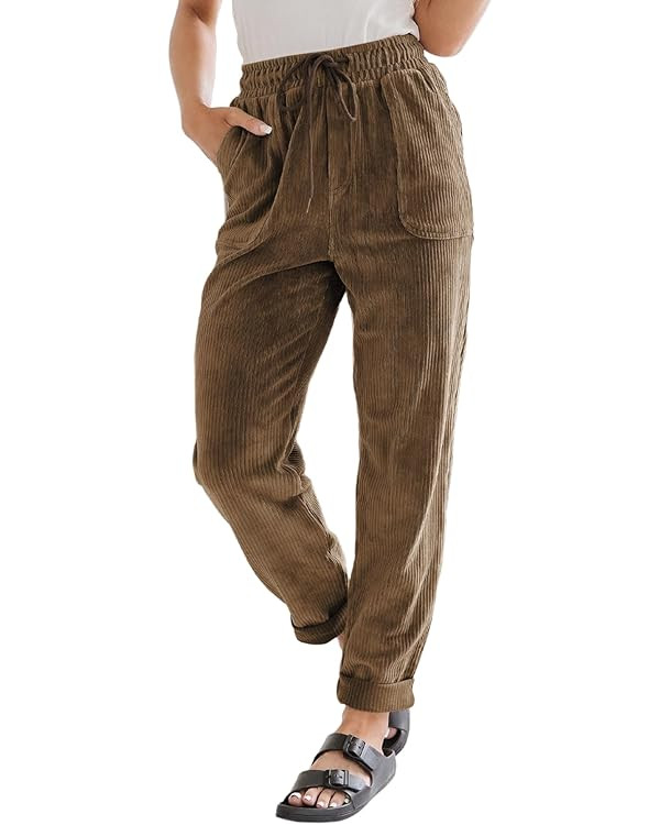EVALESS Corduroy Pants for Women Casual Drawstring Elastic High Waist Straight Leg Pants Loose Co... | Amazon (US)