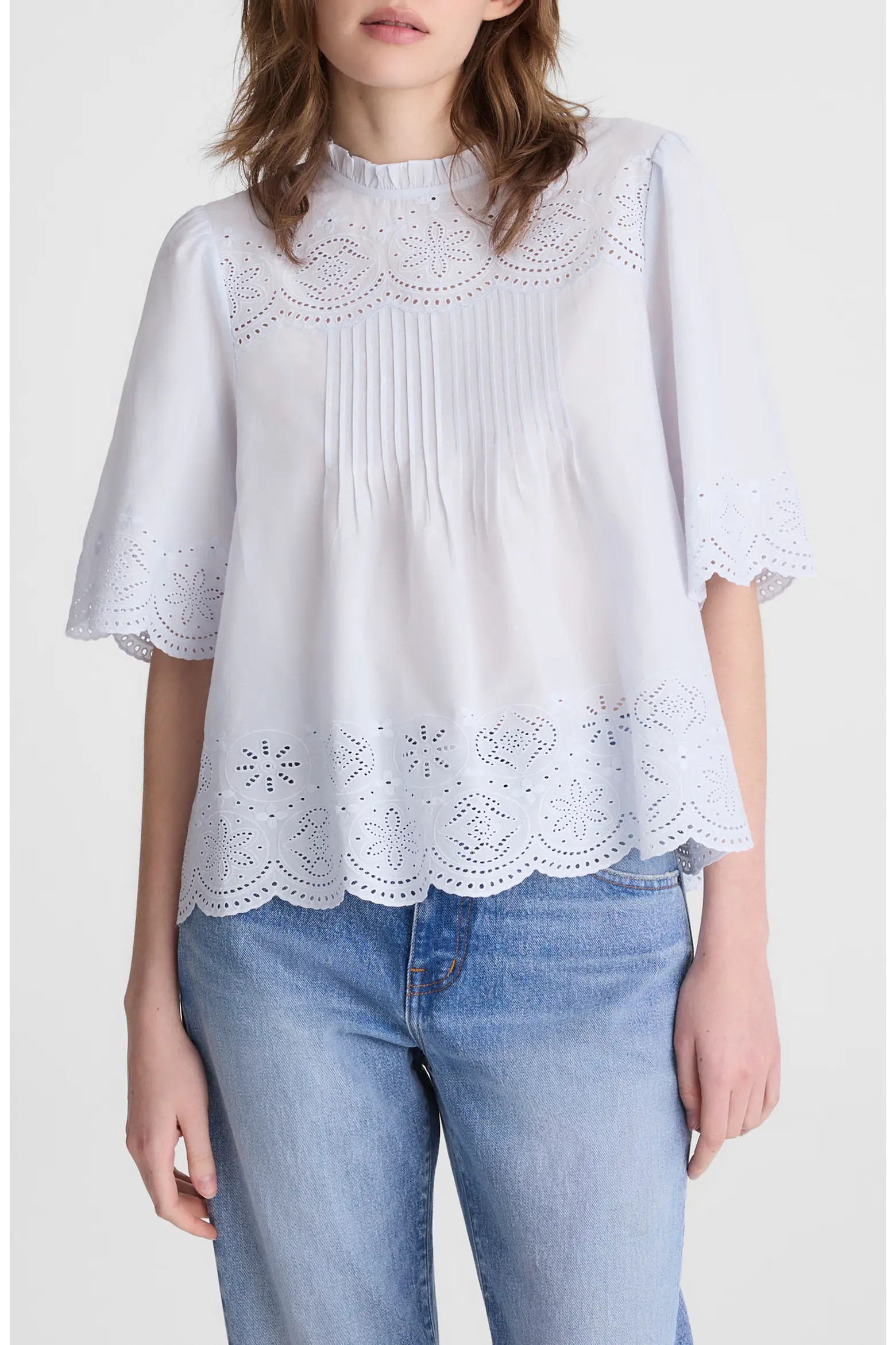 Embroidered Pintuck High Neck Cotton Voile Top (Women) | Nordstrom | Nordstrom