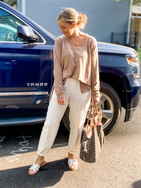 White pants. Trousers. Neutral outfit. Spring outfit. Tote bag. Work outfit. Casual outfit. Sandals. White sandals  teacher outfit  

#LTKstyletip #LTKFind #LTKSeasonal