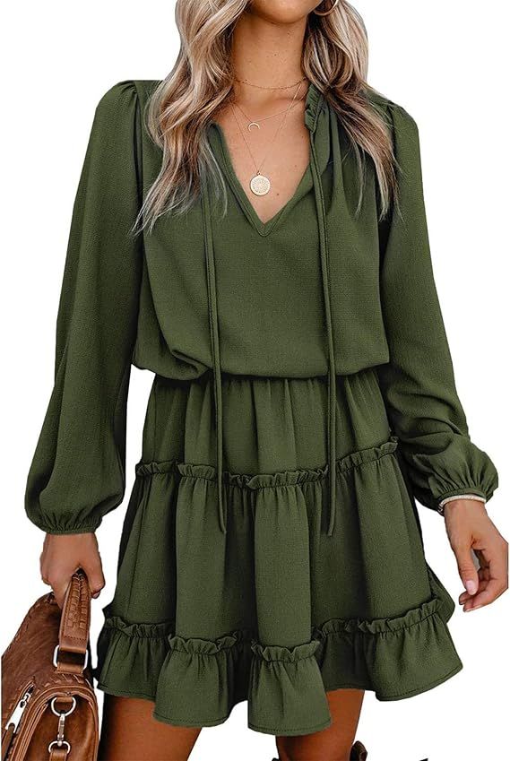 BTFBM Women Casual Summer Fall Dresses Tie V Neck Long Sleeve High Waist Ruffle Tiered A Line Swi... | Amazon (US)
