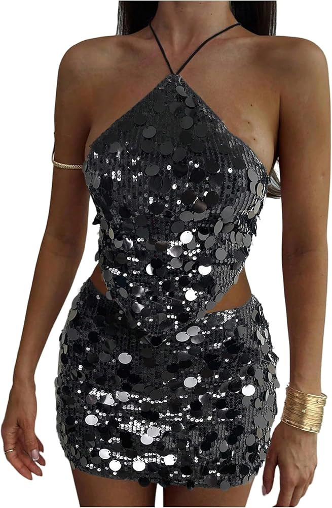 MakeMeChic Women's 2 Piece Christmas Outfits Sparkly Glitter Sequin Halter Crop Top and Bodycon M... | Amazon (US)