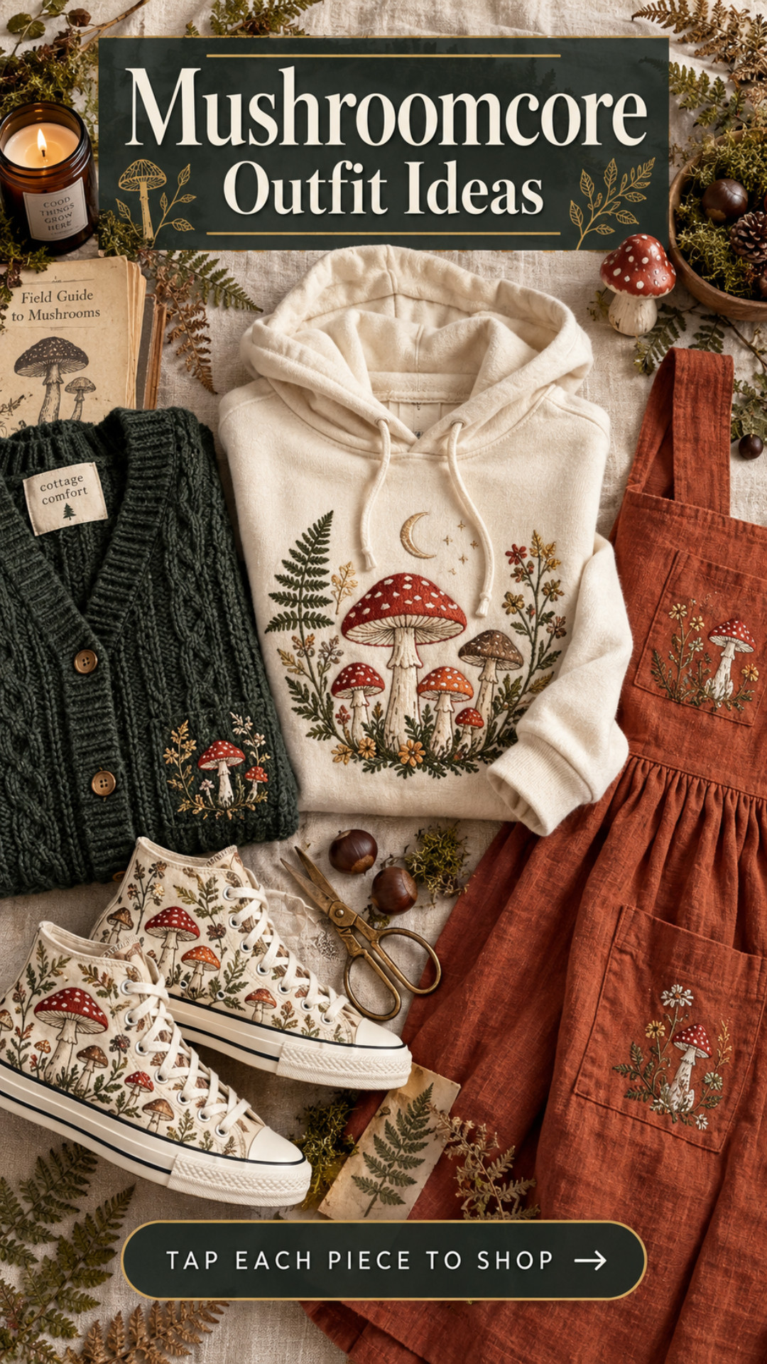 Building the coziest mushroomcore outfit for fall and I am completely obsessed with how it came together. Hand-embroidered mushroom cardigan, dreamy woodland hoodie, rust linen apron dress, mushroom foraging tee, and the cutest enchanted forest sneakers I have ever seen. Every single piece is shoppable right here — cottagecore fashion straight from a fairytale forest. Which one is going in your cart first? 

 #LTKOver40 #LTKHome
