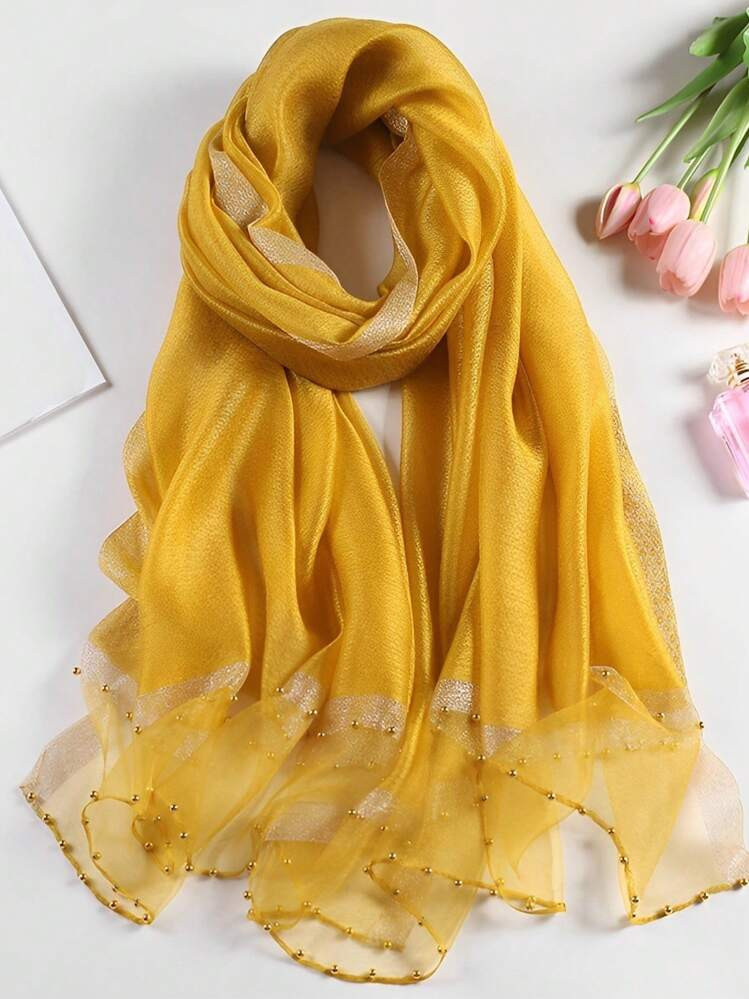 A Ladies' Solid Color Yellow Shawl Embellished With Faux Pearl And Sequins, Made Of Mulberry Silk And Wool, Elegance And Quality, Suitable For Spring, Summer, Autumn, And Winter, Perfect For Traveling, Vacation, Protection Against The Sun, And Warmth, A Great Option For Everyday Outfit, A Decent Gift For Family And Friends. Elegant | SHEIN