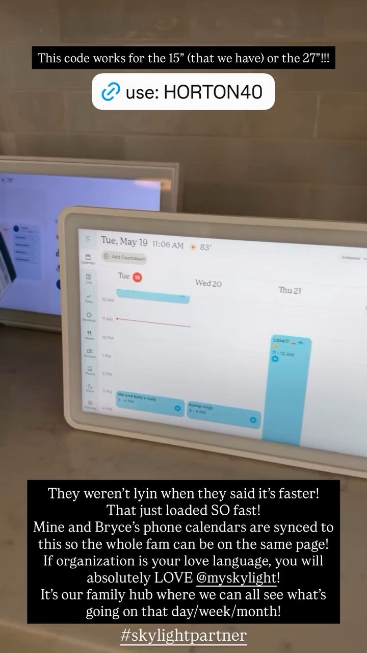 This code works for the 15” (that we have) or the 27”!!! #skylightpartner They weren’t lyin when they said it’s faster!
That just loaded SO fast!
Mine and Bryce’s phone calendars are synced to this so the whole fam can be on the same page! If organization is your love language, you will absolutely LOVE @myskylight! 
It’s our family hub where we can all see what’s going on that day/week/month!