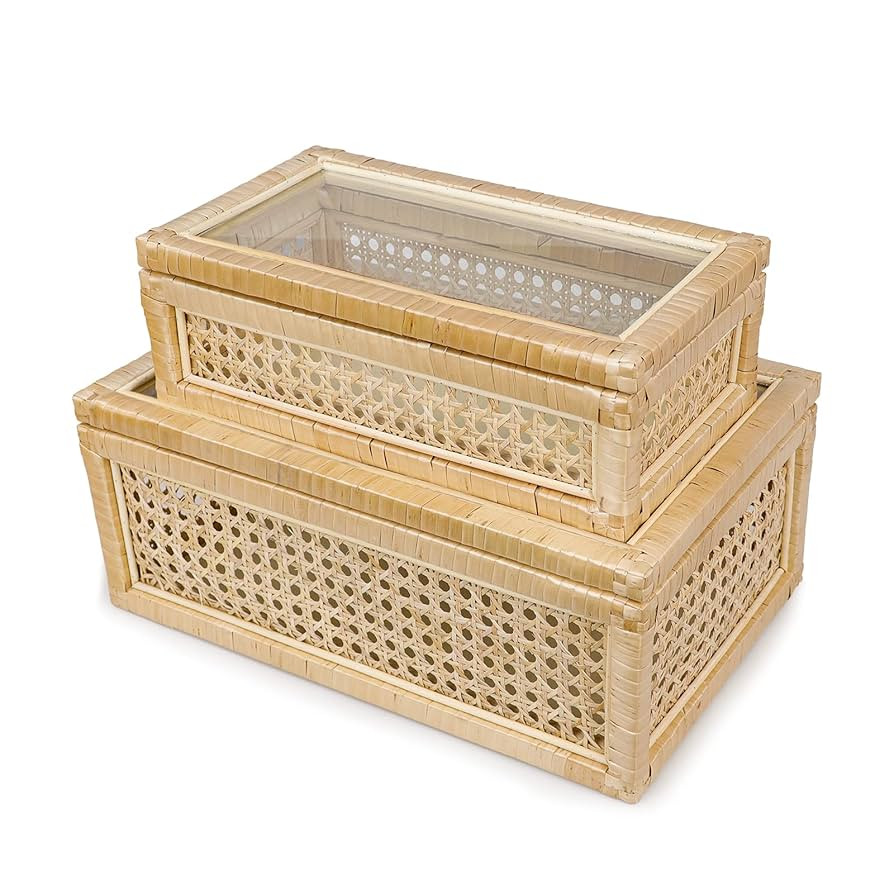 Rattan Decorative Box with Glass Lids, Set of 2 Rectangular Decorative Boxes for Home Décor, Rat... | Amazon (US)