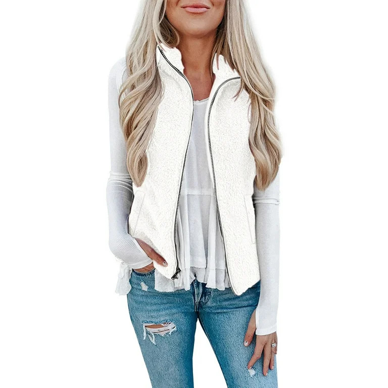 ZHENWEI Womens Fuzzy Sherpa Fleece Jacket Lightweight Vest Cozy Sleeveless Cardigan Zipper Waistc... | Walmart (US)