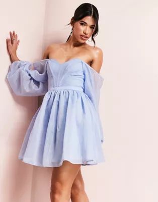 ASOS LUXE bardot corsetted wired sleeved mini skater dress in blue | ASOS (Global)