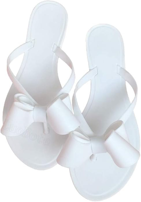 Mtzyoa Women Flip-Flops Pearls Bow Sandals Beach Flat Rivets Rain Jelly Gold Pearls | Amazon (US)