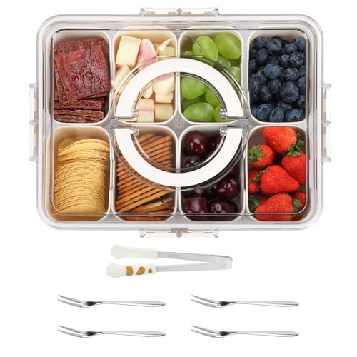 Snack Box Container, Divided Serving Tray with Lid and Handle Snackle Box Container，Portable Snack Platters - Candy, Fruits, Nuts，with 8 Compartments & 4 Forks, 1 Small Snack Tongs | Amazon (US)
