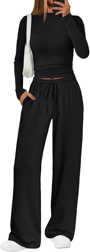 Trendy Queen Womens 2 Piece Matching Lounge Set Mock Turtleneck Top Wide Leg Pants Casual Sweatsu... | Amazon (US)
