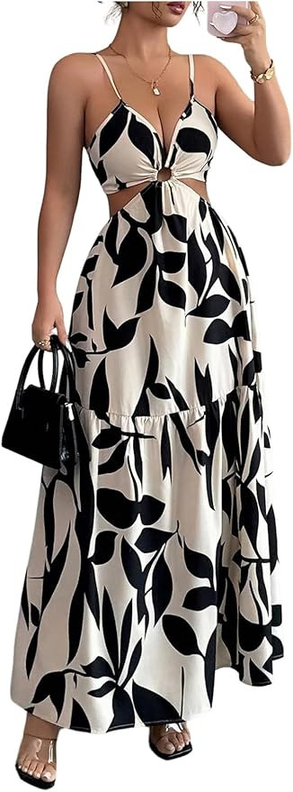 Floerns Women's Cut Out Tie Back Boho Maxi Dress Spaghetti Strap Beach Vacation Tiered Long Dress... | Amazon (US)