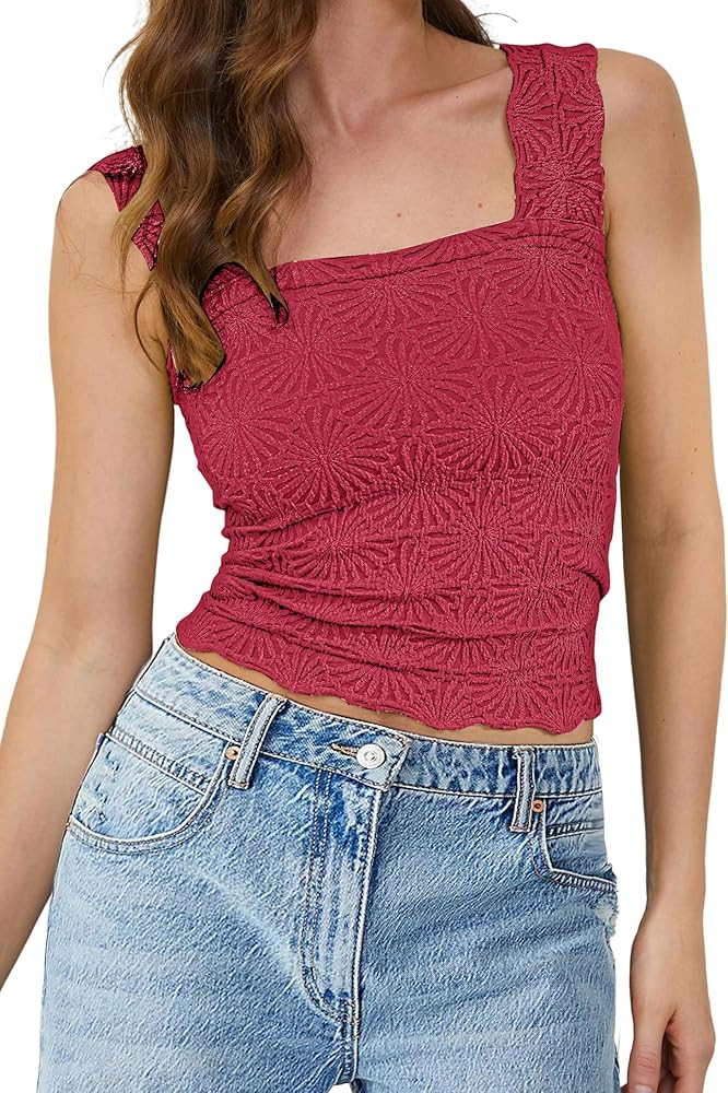PICPUNMAK Women Square Neck Wide Straps Crop Tank Tops Flower Lettuce Trim Crop Vest Slim Fitted ... | Amazon (US)