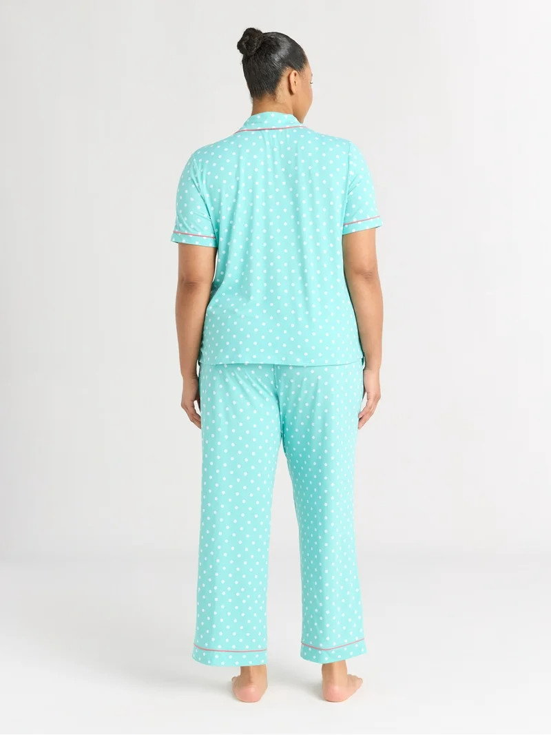 Joyspun Women's Notch Collar Short Sleeve Knit Top & Capri Pajama Set, 2-Piece, Sizes XS-3X | Walmart (US)