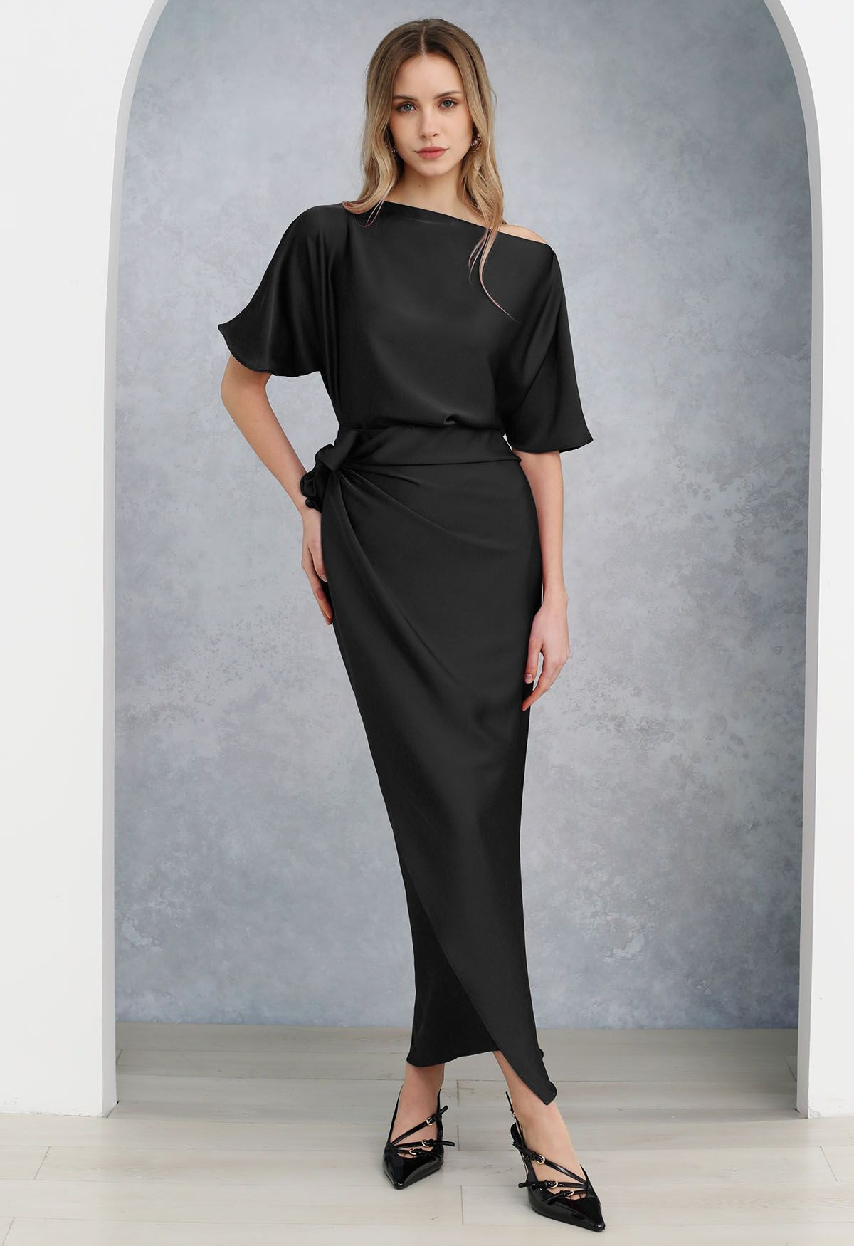 Satin Short-Sleeve Wrapped Waist Maxi Dress in Black | Chicwish