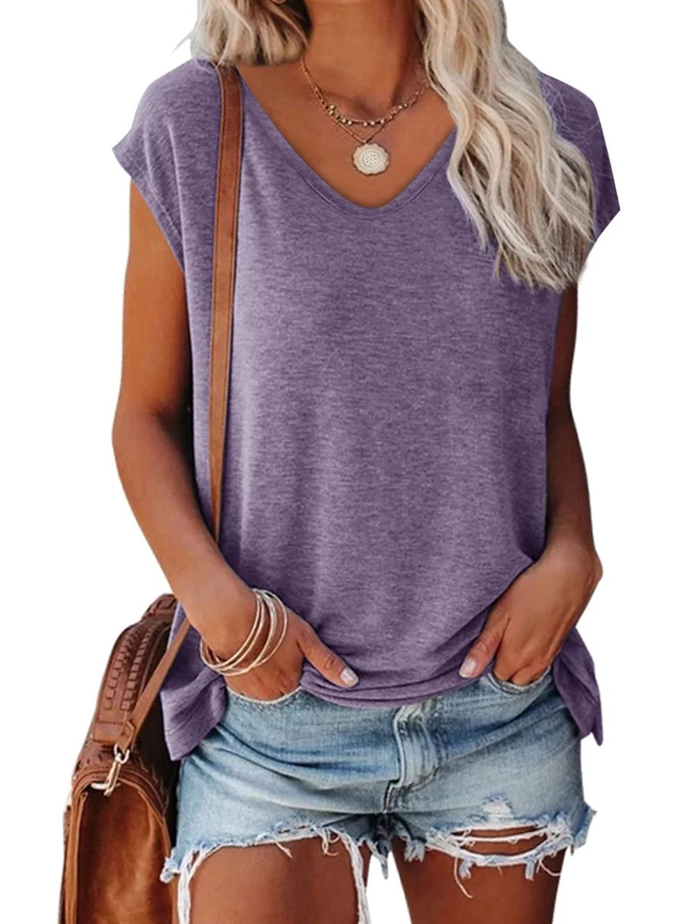 MOSHU V Neck Womens T-Shirts Basic Tops for Women Cap Sleeve Loose Tank Tops - Walmart.com | Walmart (US)