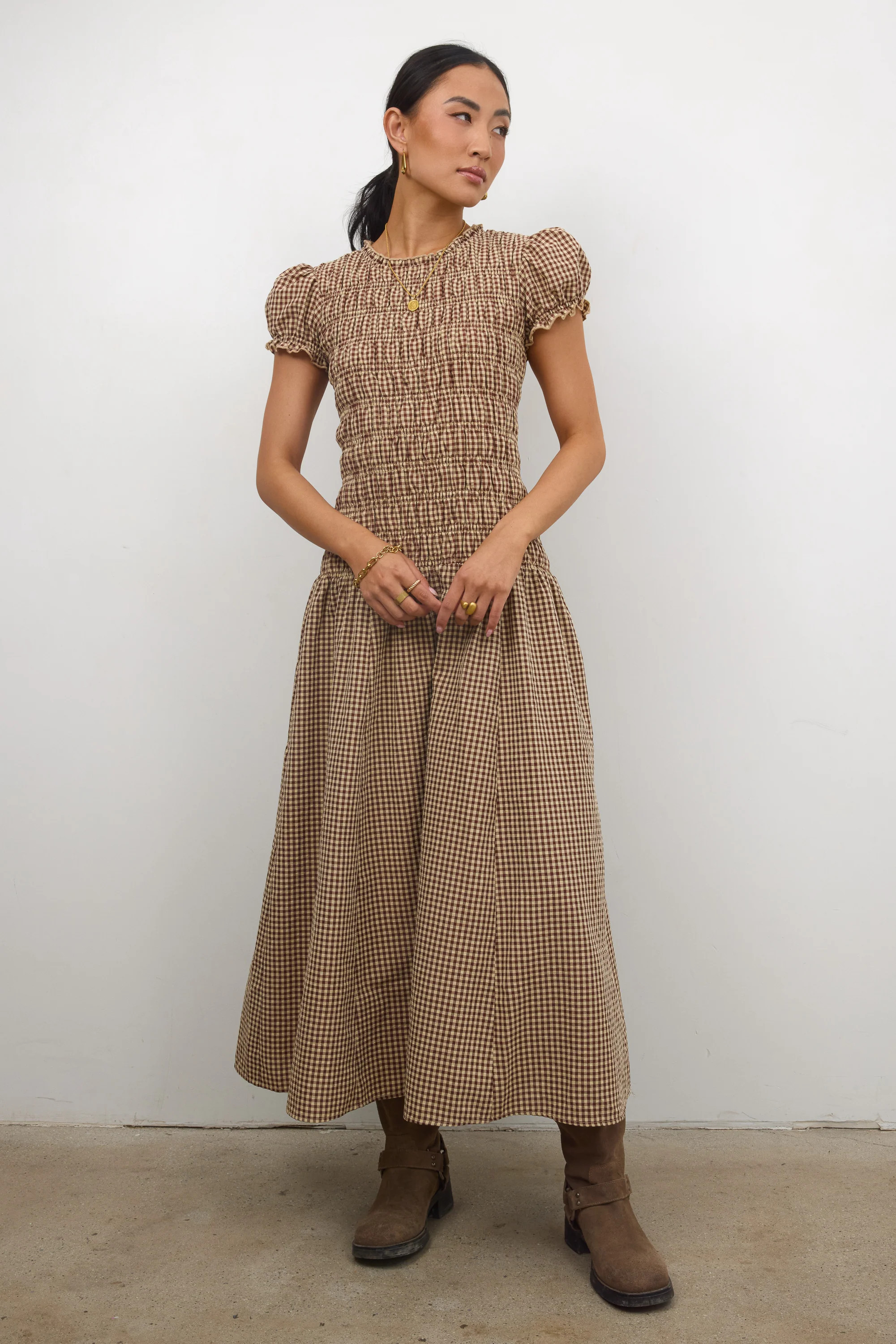 Opal Gingham Maxi Dress in Brown | Böhme US