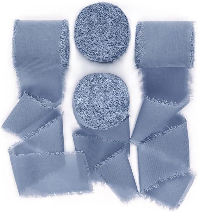 Socomi Dusty Blue Handmade Fringe Chiffon Silk Ribbon 1-3/4" x 7Yd 4 Rolls Frayed Ribbons for Wed... | Amazon (US)