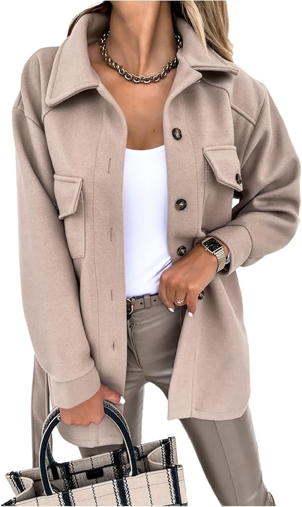 Womens Shackets Fall Fashion Outfits 2024 Button Down Shirt Jacket Pocket Collared Outerwear Tren... | Amazon (US)