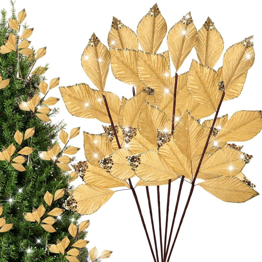 6 Pcs Christmas Artificial Velvet Glitter Magnolia Leaf Glittered Spray Picks 20" Fake Floral Lea... | Amazon (US)