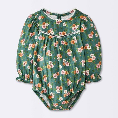 Baby Girls' Long Sleeve Floral Trim Romper - Cloud Island™ Green 18M | Target
