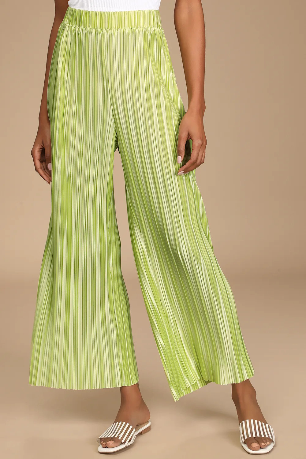 Tropical Temperatures Lime Green Satin Plisse Wide-Leg Pants | Lulus (US)
