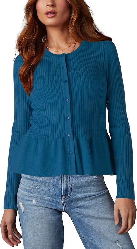 Beautiful Nomad Women's Long Sleeve Cardigan Peplum Sweater Crew Neck Button Tops Knit Ribbed Ele... | Amazon (US)