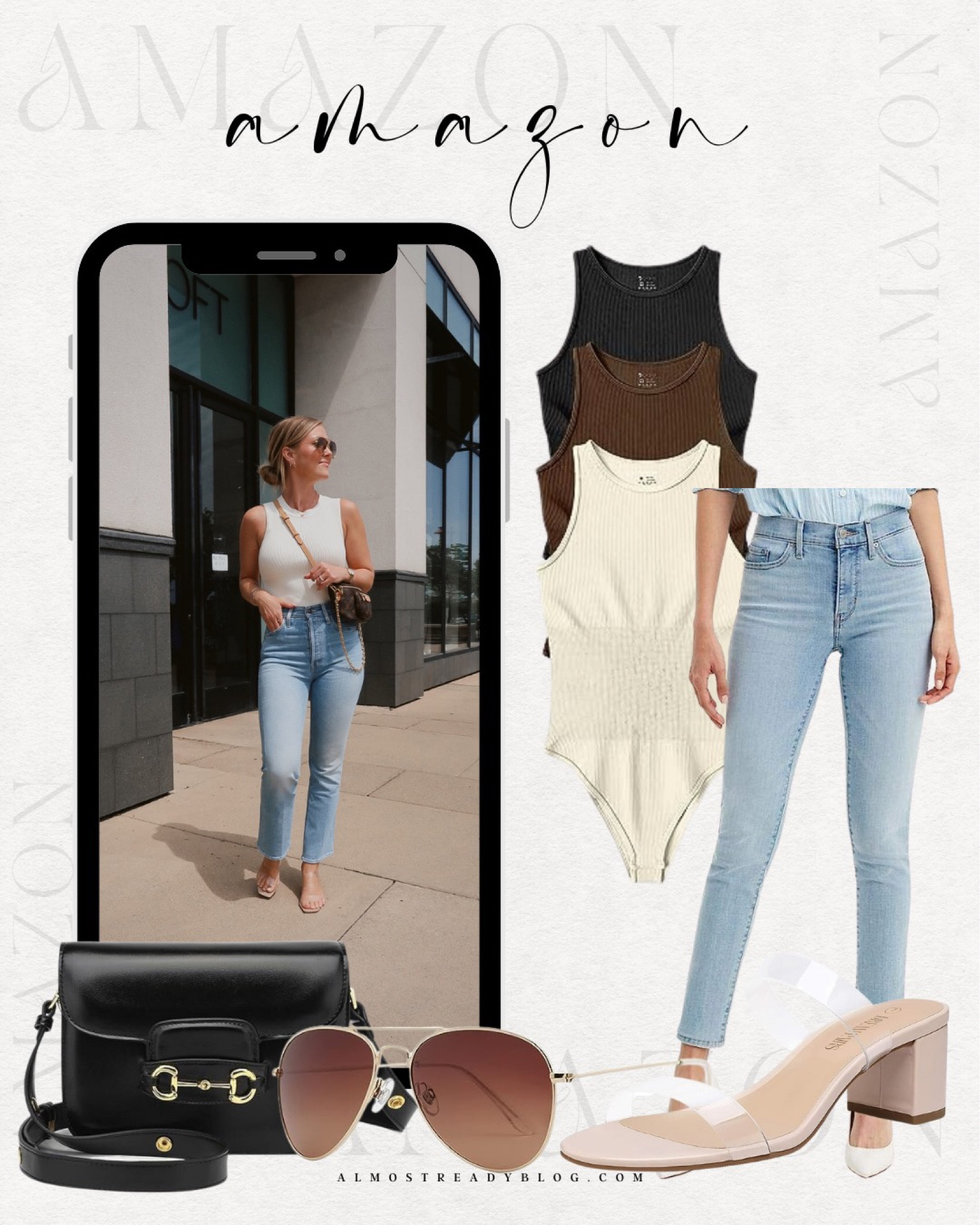 Amazon look for less, bodysuit, jeans, clear sandals, fall bag, early fall outfit, amazon finds 

#LTKfindsunder50 #LTKfindsunder100