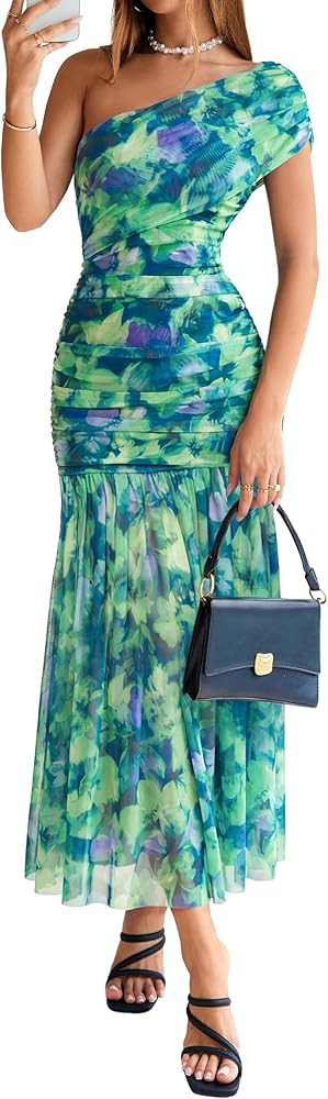 Simplee Womens One Shoulder Floral Maxi Dress Summer Sleeveless Ruched Elegant Bodycon Mesh Weddi... | Amazon (US)