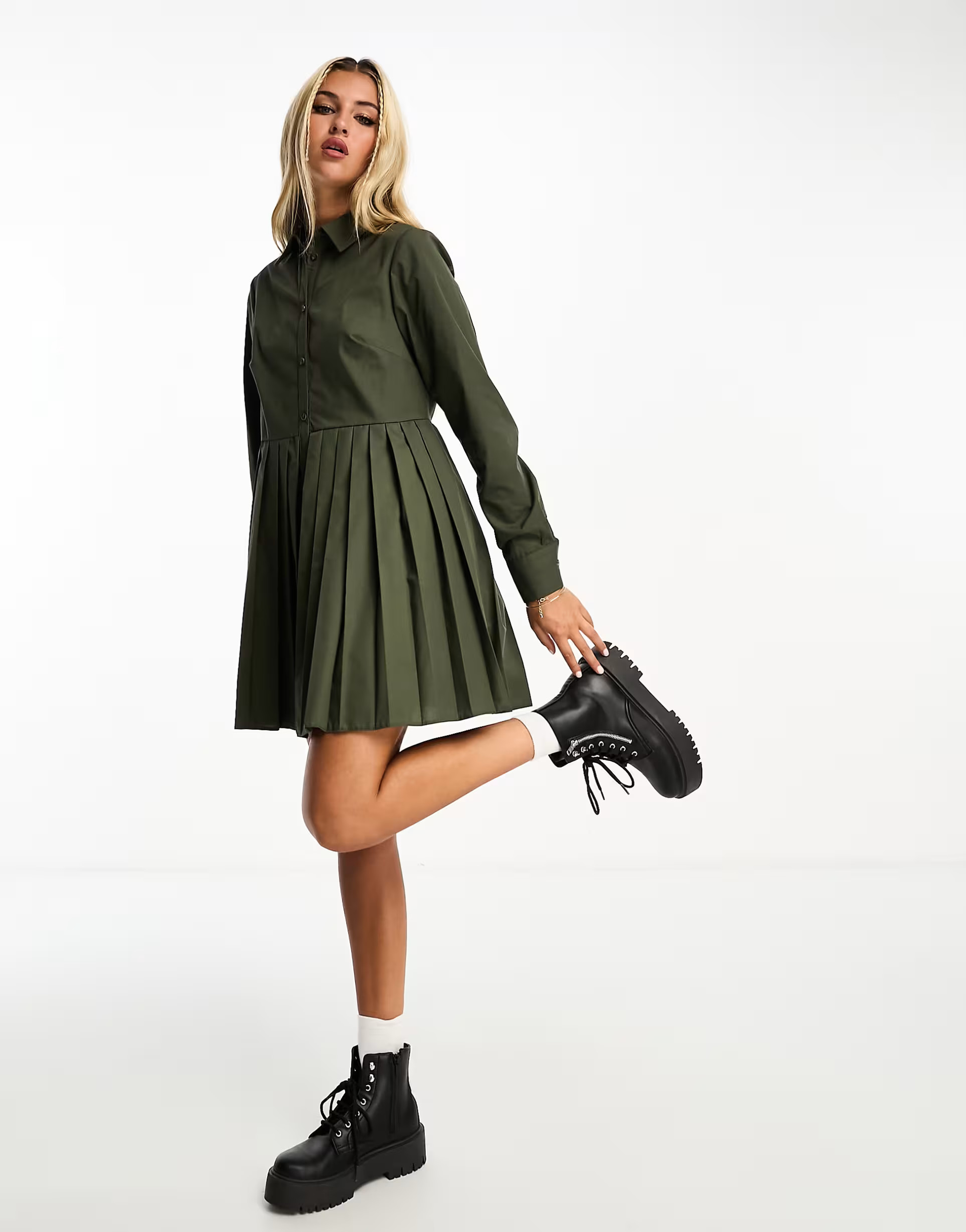 Miss Selfridge poplin pleated shirt dress in khaki | ASOS (Global)