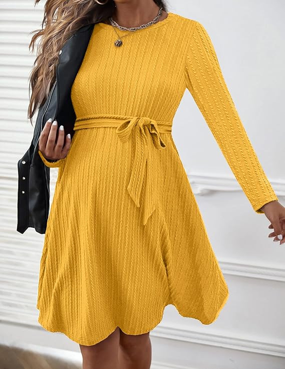 Ekouaer Women's Maternity Dress Long Sleeve Rib Knit Pregnancy Dress Casual Round Neck Dresses | Amazon (US)