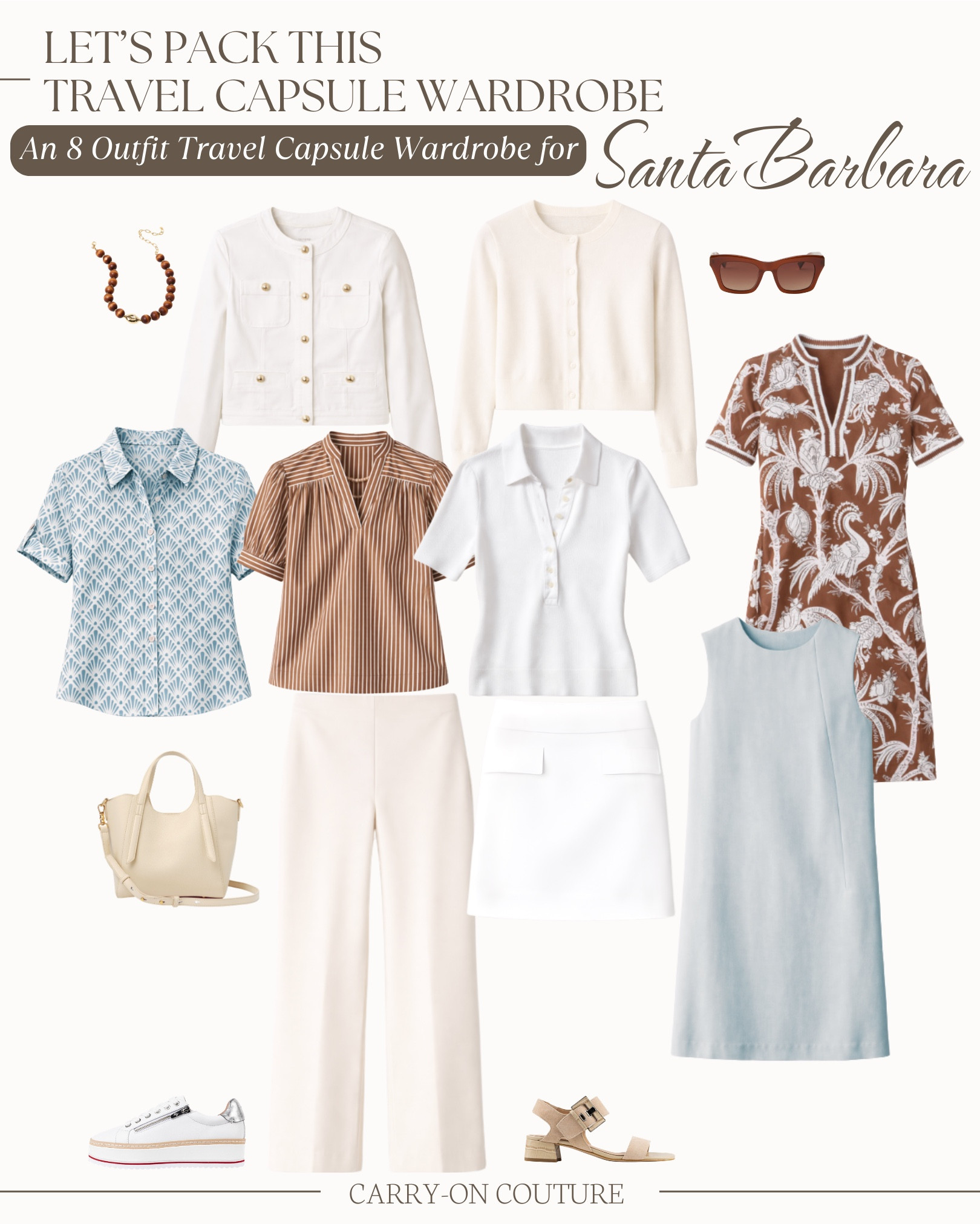 What to Pack for Santa Barbara in Spring


This travel capsule wardrobe was built for Santa Barbara in spring, with cool mornings, comfortably warm afternoons, and evenings that bring signature ocean breezes.

Expect daytime highs: mid-60s°F to mid-70s°F.  Evenings: mid-50s°F to low-60s°F. Spring in Santa Barbara is dry and mild, so you won’t need heavy layers, but you will want pieces that can easily adapt from sunny afternoons to breezy evenings.

I chose breathable tops, lightweight bottoms, and easy dresses that transition from daytime to dinner. A light denim jacket is perfect for mornings and evenings, while footwear stays practical but polished—comfortable enough for walking, but still appropriate for lunch or a nicer dinner.

Here’s your packing list for Santa Barbara in spring: 
4 tops 
2 bottoms 
2 dresses 
1 lightweight denim jacket
1 cardigan
(…all items from J.McLaughlin)

2 shoes (from Donald Pliner)

Everything mixes and matches into more than 8 outfits, and the best part—it all fits in your carry-on suitcase.

Not headed to Santa Barbara? This capsule also works for Napa in spring, coastal California towns like Carmel or Laguna Beach, or resort destinations like Scottsdale or Palm Springs—anywhere with mild temperatures, low humidity, and a relaxed but polished vibe.