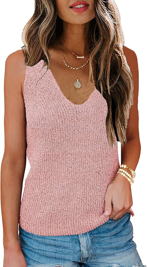 Womens Sleeveless V Neck Sweater Vest Summer Fall Tank Tops Knit Loose Cami Shirts | Amazon (US)