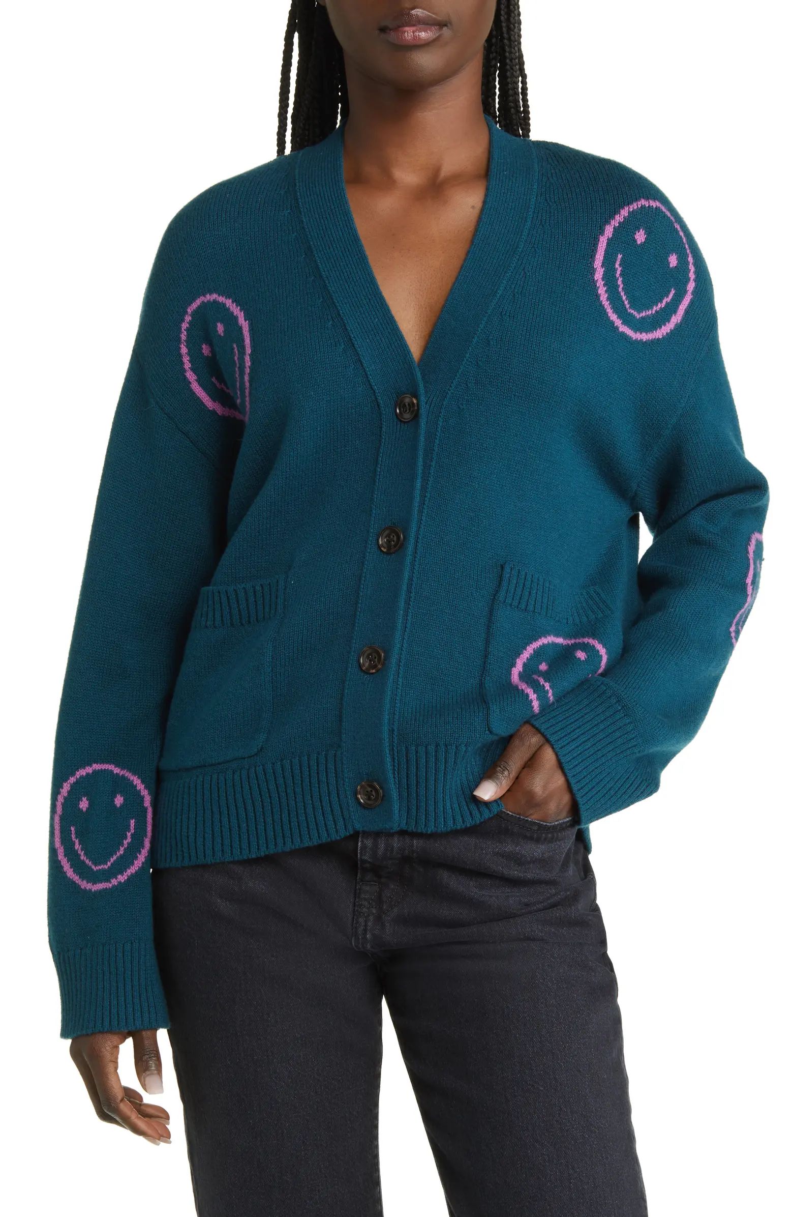 Reese Intarsia Smiley Wool & Cotton Cardigan | Nordstrom
